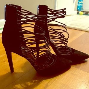 EUC Black Suede Strappy BCBG Pumps
